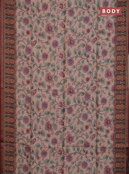 Art tussar saree peach orange and maroon with allover kalamkari prints and patola border