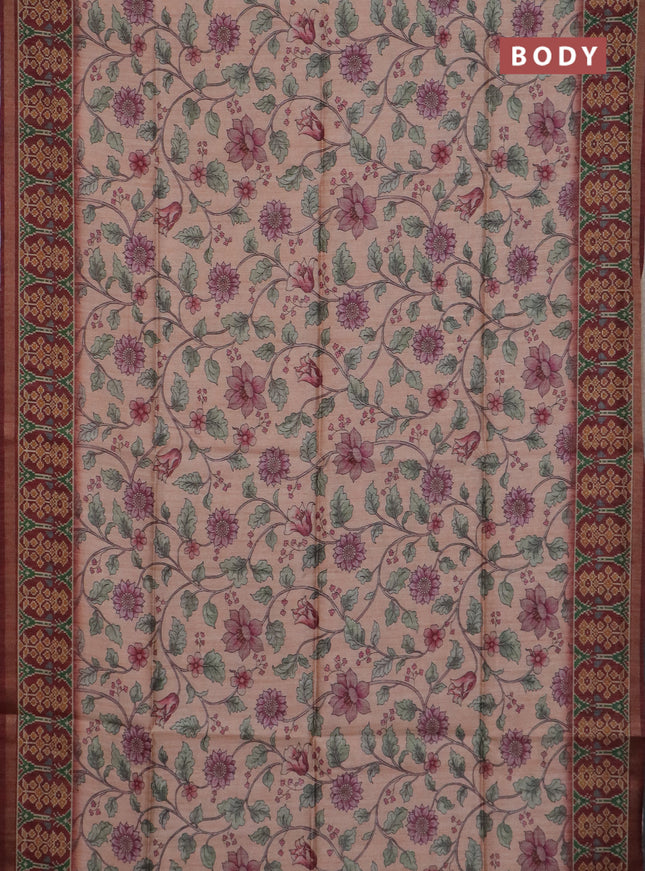 Art tussar saree peach orange and maroon with allover kalamkari prints and patola border