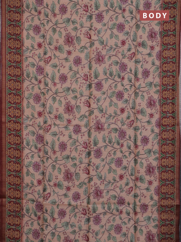 Art tussar saree peach orange and maroon with allover kalamkari prints and patola border