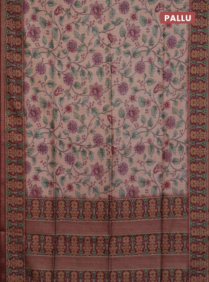 Art tussar saree peach orange and maroon with allover kalamkari prints and patola border