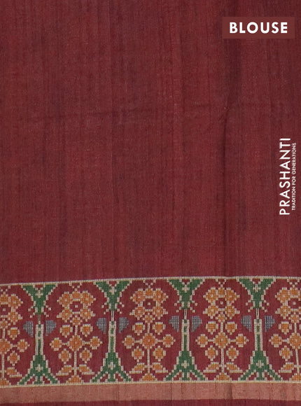 Art tussar saree peach orange and maroon with allover kalamkari prints and patola border