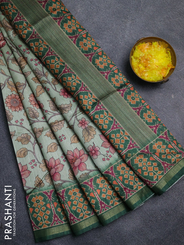 Art tussar saree pastel green and green with allover kalamkari prints and patola border