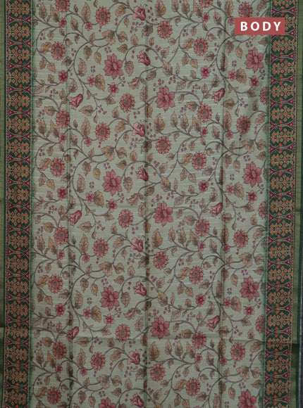 Art tussar saree pastel green and green with allover kalamkari prints and patola border