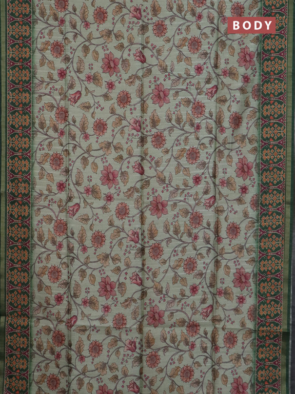 Art tussar saree pastel green and green with allover kalamkari prints and patola border