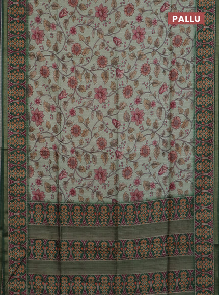 Art tussar saree pastel green and green with allover kalamkari prints and patola border