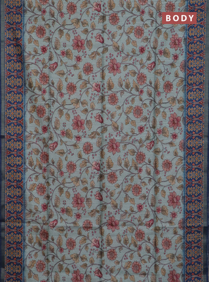 Art tussar saree pastel blue and peacock blue with allover kalamkari prints and patola border