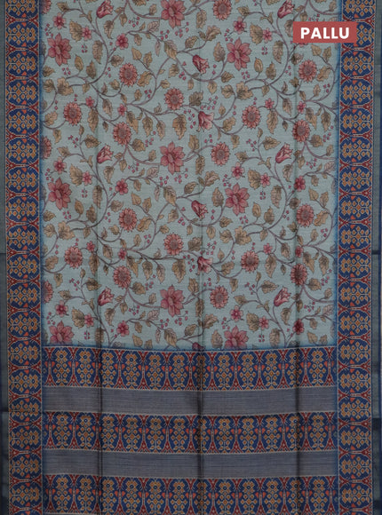 Art tussar saree pastel blue and peacock blue with allover kalamkari prints and patola border