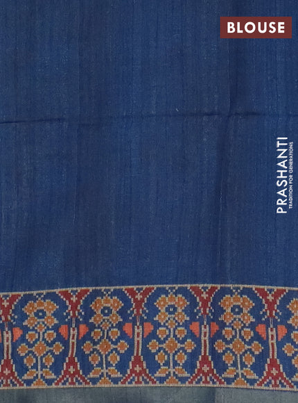 Art tussar saree pastel blue and peacock blue with allover kalamkari prints and patola border