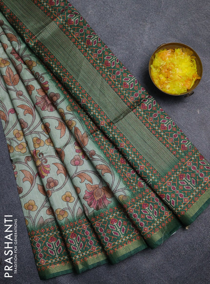 Art tussar saree pastel green and green with allover kalamkari prints and patola border