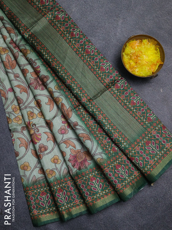 Art tussar saree pastel green and green with allover kalamkari prints and patola border