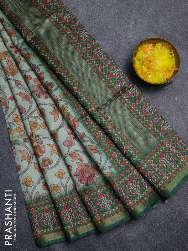 Art tussar saree pastel green and green with allover kalamkari prints and patola border
