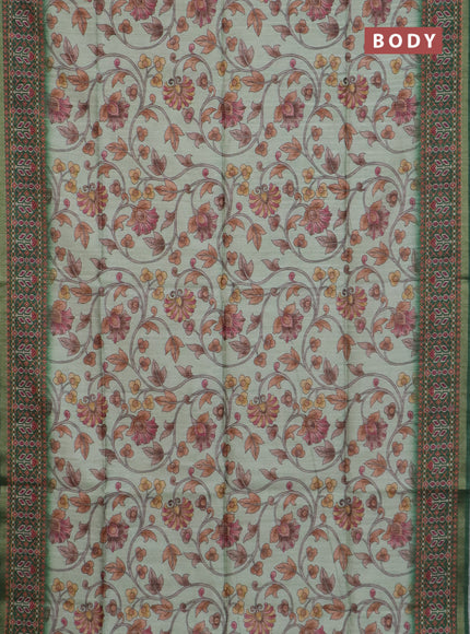 Art tussar saree pastel green and green with allover kalamkari prints and patola border