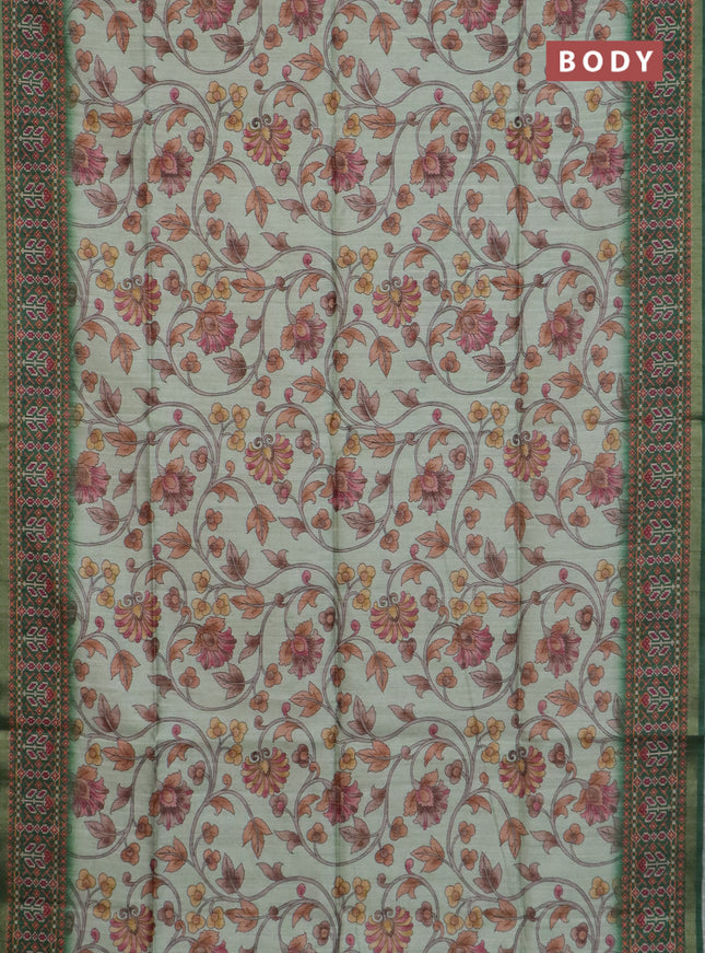 Art tussar saree pastel green and green with allover kalamkari prints and patola border