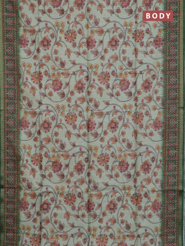 Art tussar saree pastel green and green with allover kalamkari prints and patola border