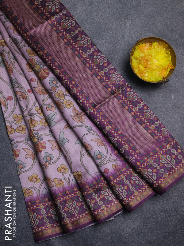 Art tussar saree mauve pink and purple with allover kalamkari prints and patola border