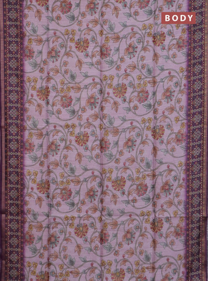 Art tussar saree mauve pink and purple with allover kalamkari prints and patola border
