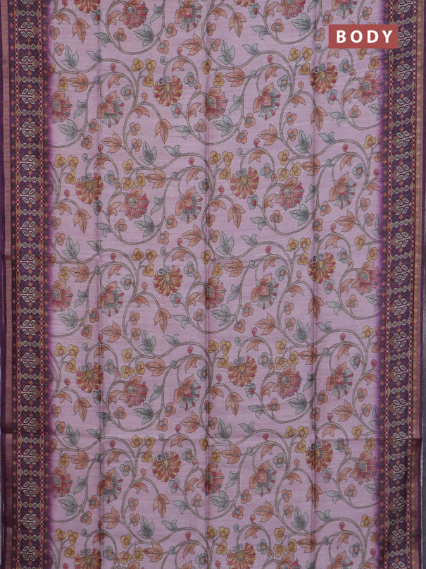 Art tussar saree mauve pink and purple with allover kalamkari prints and patola border