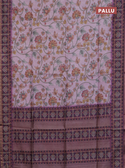 Art tussar saree mauve pink and purple with allover kalamkari prints and patola border