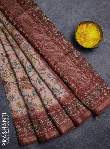 Art tussar saree peach orange and maroon with allover kalamkari prints and patola border