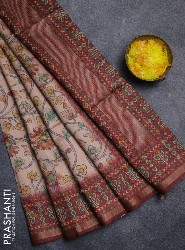 Art tussar saree peach orange and maroon with allover kalamkari prints and patola border