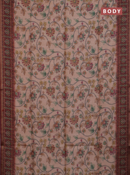 Art tussar saree peach orange and maroon with allover kalamkari prints and patola border