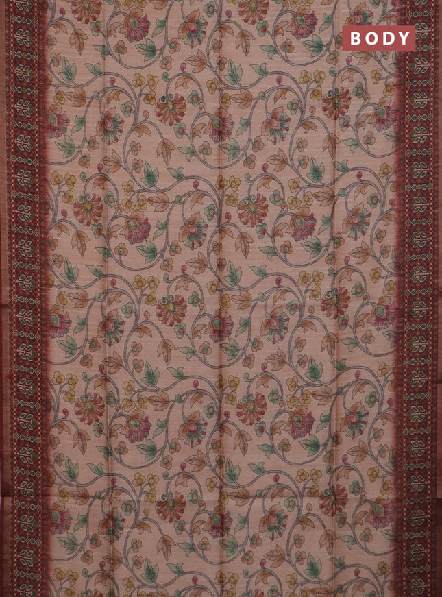 Art tussar saree peach orange and maroon with allover kalamkari prints and patola border