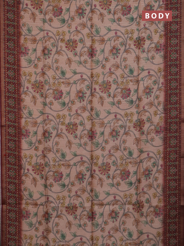 Art tussar saree peach orange and maroon with allover kalamkari prints and patola border
