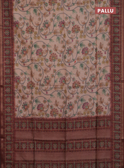 Art tussar saree peach orange and maroon with allover kalamkari prints and patola border