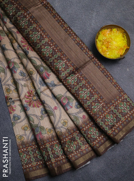 Art tussar saree sandal and coffee brown with allover kalamkari prints and patola border