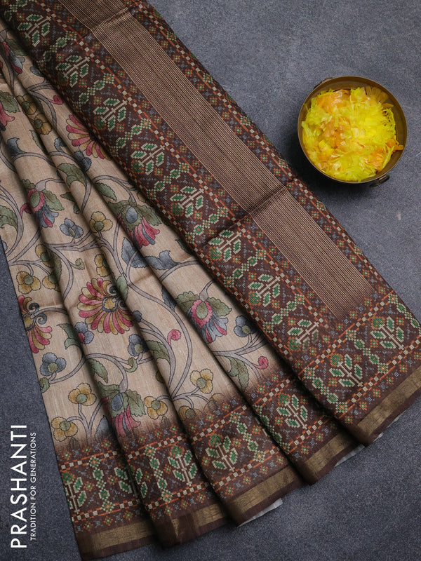 Art tussar saree sandal and coffee brown with allover kalamkari prints and patola border