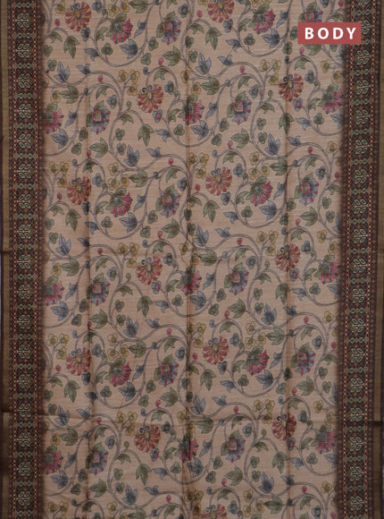 Art tussar saree sandal and coffee brown with allover kalamkari prints and patola border