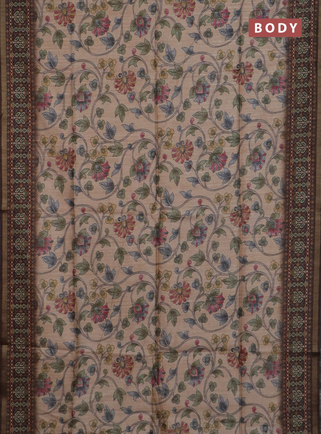 Art tussar saree sandal and coffee brown with allover kalamkari prints and patola border