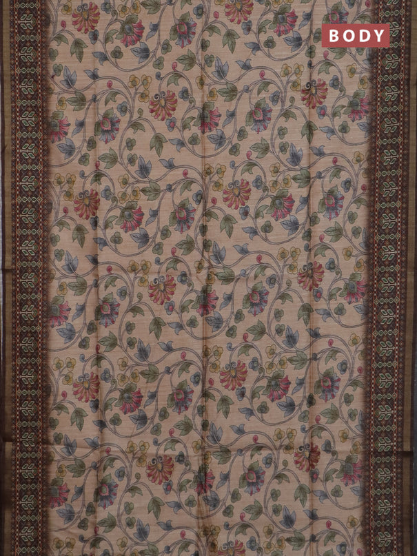 Art tussar saree sandal and coffee brown with allover kalamkari prints and patola border