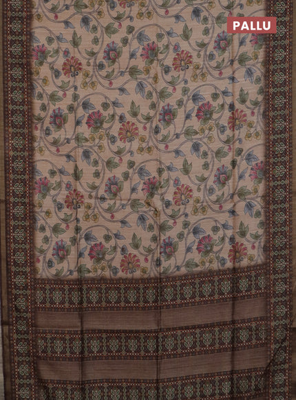 Art tussar saree sandal and coffee brown with allover kalamkari prints and patola border