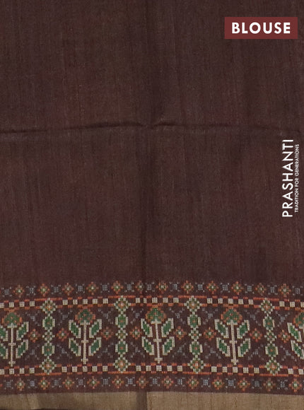 Art tussar saree sandal and coffee brown with allover kalamkari prints and patola border
