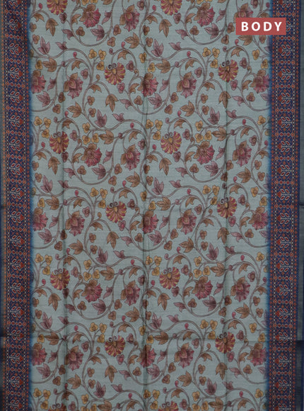 Art tussar saree pastel blue and peacock blue with allover kalamkari prints and patola border