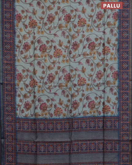 Art tussar saree pastel blue and peacock blue with allover kalamkari prints and patola border