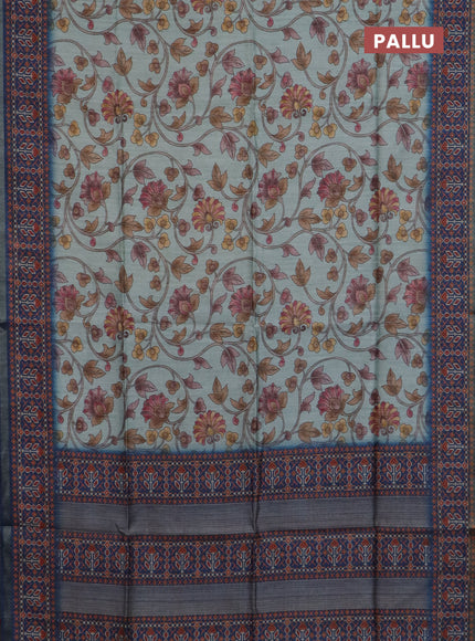Art tussar saree pastel blue and peacock blue with allover kalamkari prints and patola border