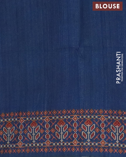 Art tussar saree pastel blue and peacock blue with allover kalamkari prints and patola border