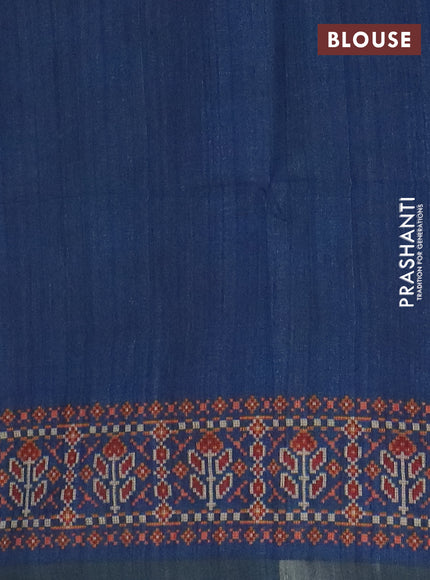 Art tussar saree pastel blue and peacock blue with allover kalamkari prints and patola border