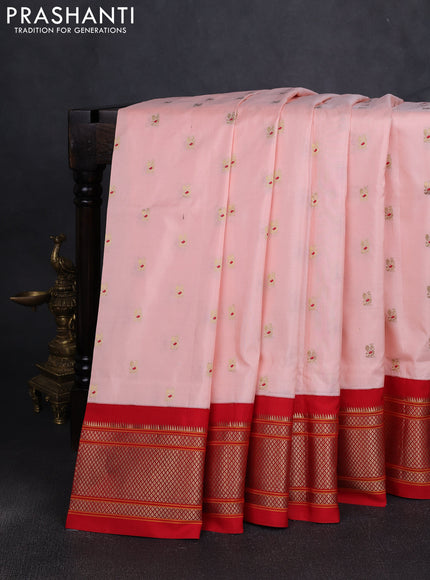 Pure paithani silk saree mild peach orange and red with allover zari woven annam buttas and paithani weaving pallu