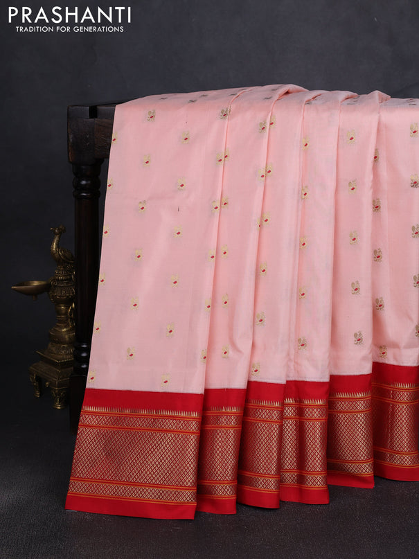 Pure paithani silk saree mild peach orange and red with allover zari woven annam buttas and paithani weaving pallu