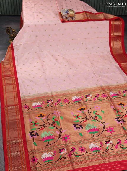 Pure paithani silk saree mild peach orange and red with allover zari woven annam buttas and paithani weaving pallu