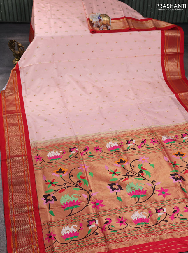 Pure paithani silk saree mild peach orange and red with allover zari woven annam buttas and paithani weaving pallu