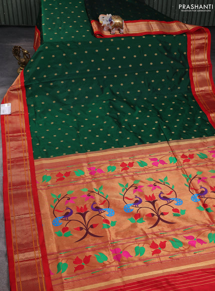 Pure paithani silk saree green and red with allover zari woven buttas and paithani weaving pallu