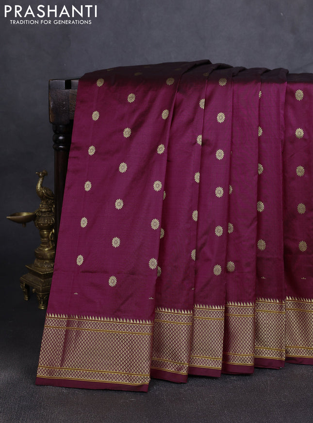 Pure paithani silk saree wine shade with allover zari woven buttas and paithani weaving pallu
