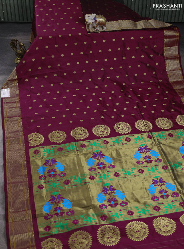 Pure paithani silk saree wine shade with allover zari woven buttas and paithani weaving pallu