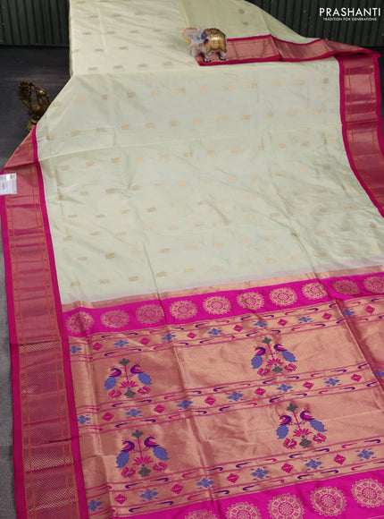 Pure paithani silk saree cream and pink with allover zari woven annam buttas and paithani weaving pallu