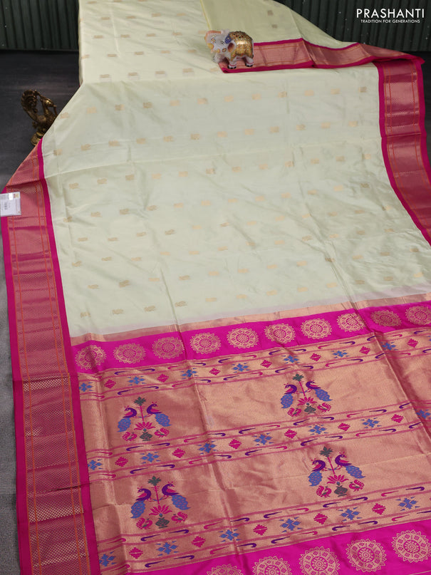 Pure paithani silk saree cream and pink with allover zari woven annam buttas and paithani weaving pallu