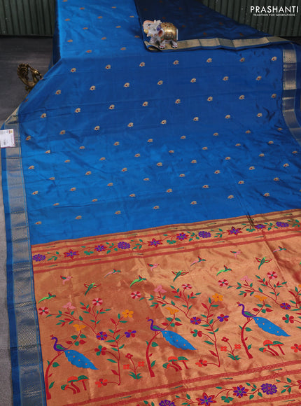 Pure paithani silk saree cs blue with allover zari woven annam buttas and paithani weaving pallu